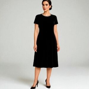 VINTAGE John Roberts Black Stretch Velvet Dress with Rhinestone Neckline